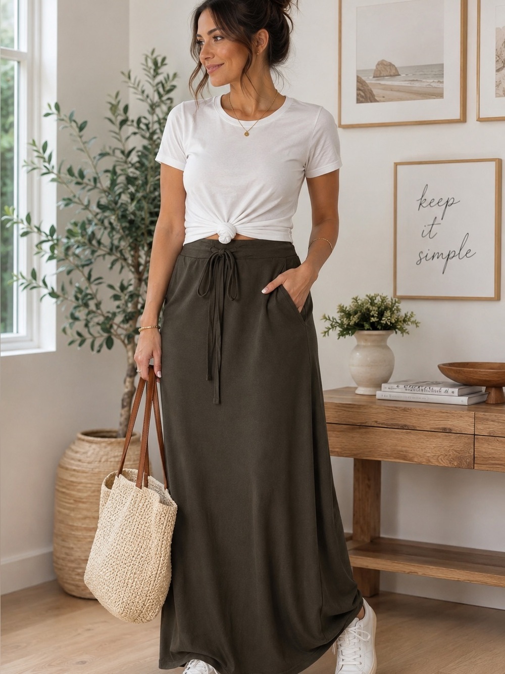 Olive Green Drawstring Maxi Skirt Pockets Stretch Casual Boho Size Large